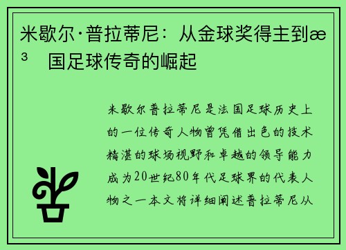 米歇尔·普拉蒂尼:从金球奖得主到法国足球传奇的崛起 米歇尔·普拉蒂尼:从金球奖得主到法国足球传奇的崛起